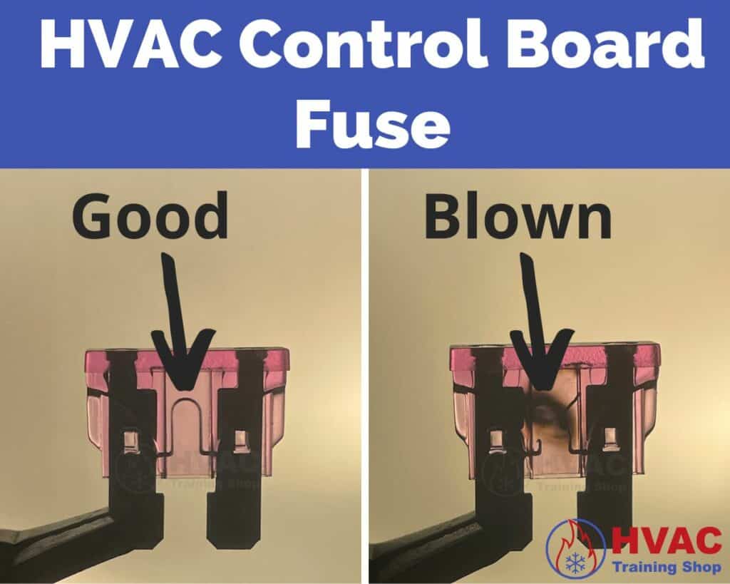 Visual comparison of good versus blown blade fuse for HVAC system control board
