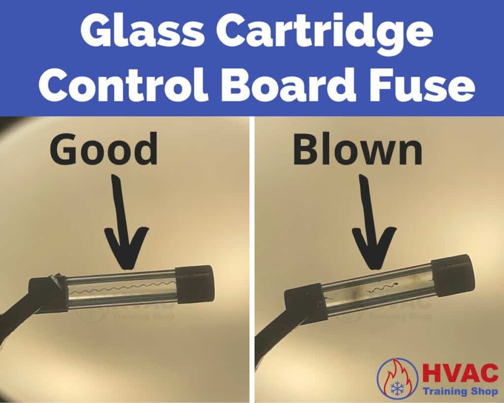 Visual comparison of good versus blown glass cartridge fuse for HVAC system control board