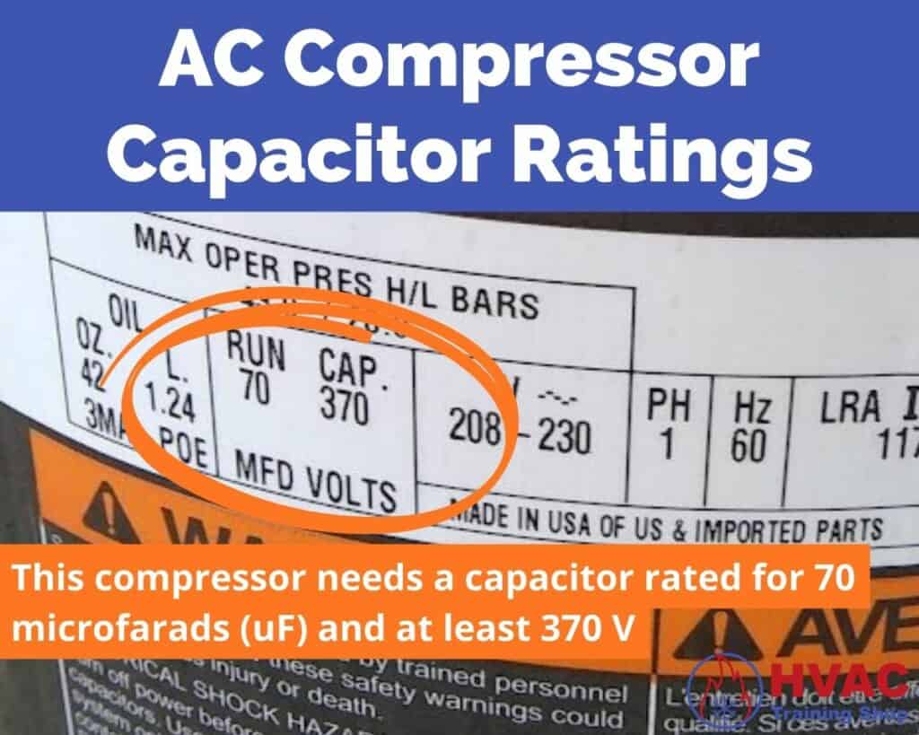 The capacitor ratings for a compressor are printed on the compressor nameplate