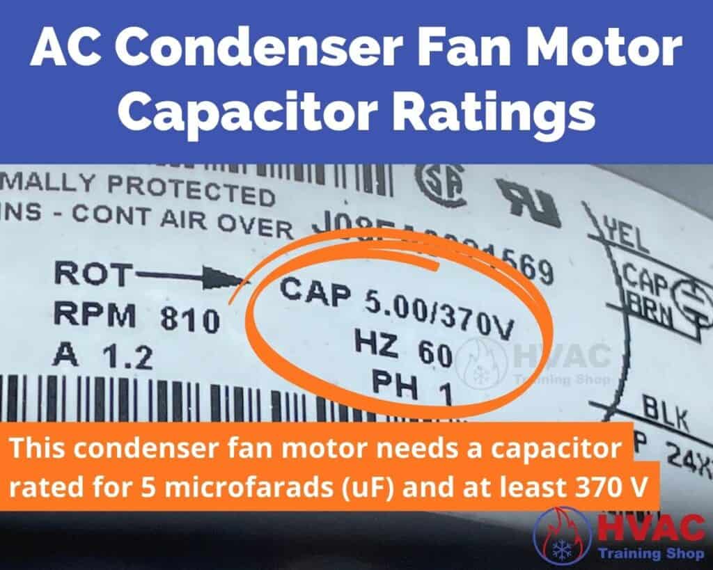 The capacitor ratings for a condenser fan motor are printed on the condenser fan motor nameplate