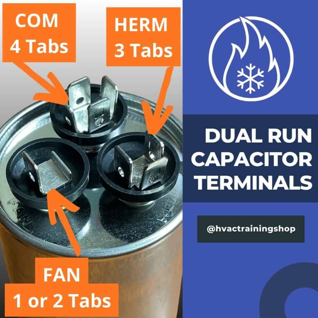 Diagram showing the amount of tabs on the terminals of an air conditioner dual run capacitor
