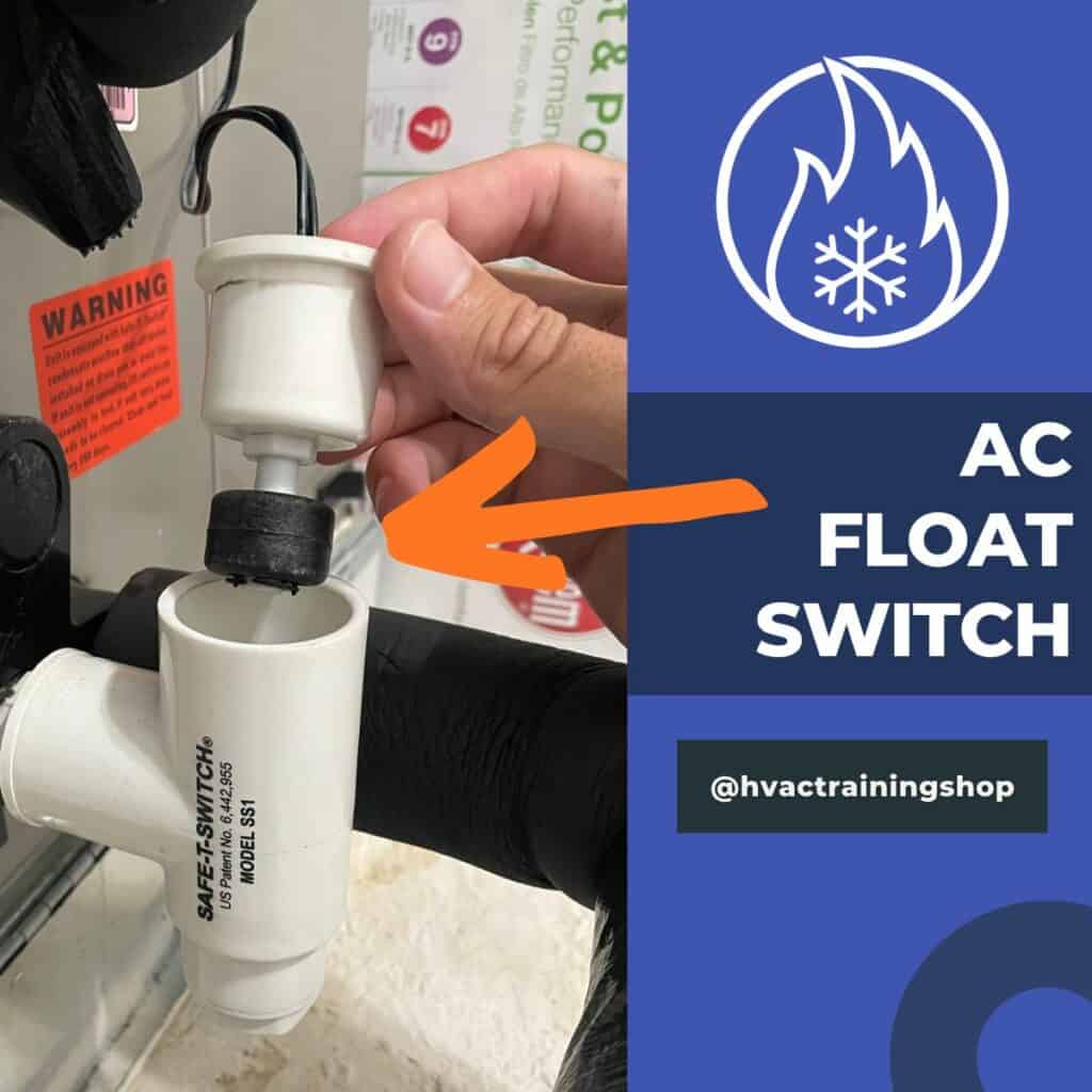 AC condensate float switch installed in secondary drain port