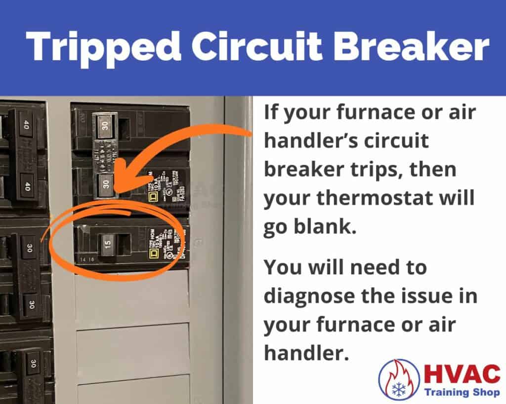 A tripped circuit breaker causes a blank thermostat